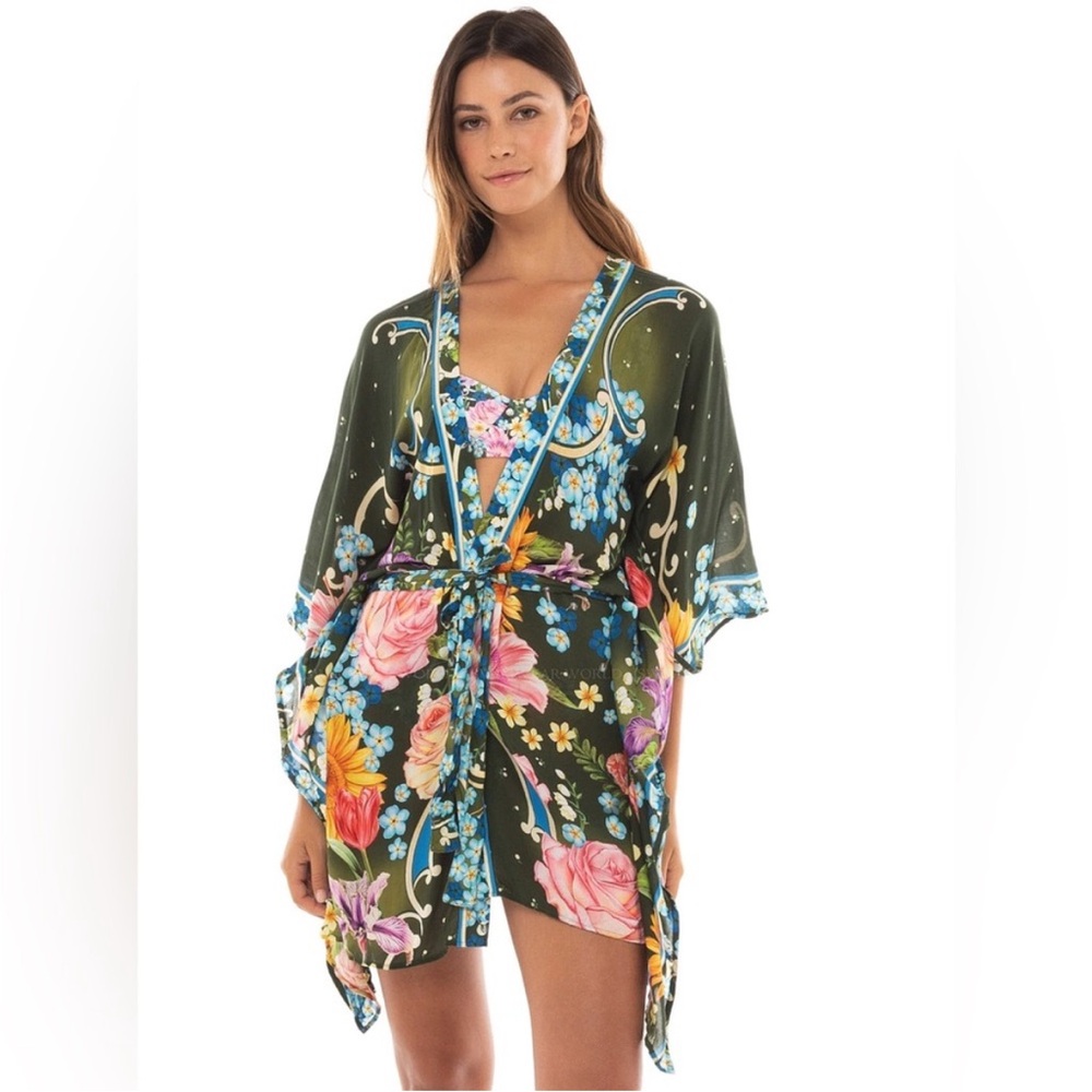 Agua Bendita Floral Bikini Coverup Kimono in Olive Green & Multi - Picture 2 of 4